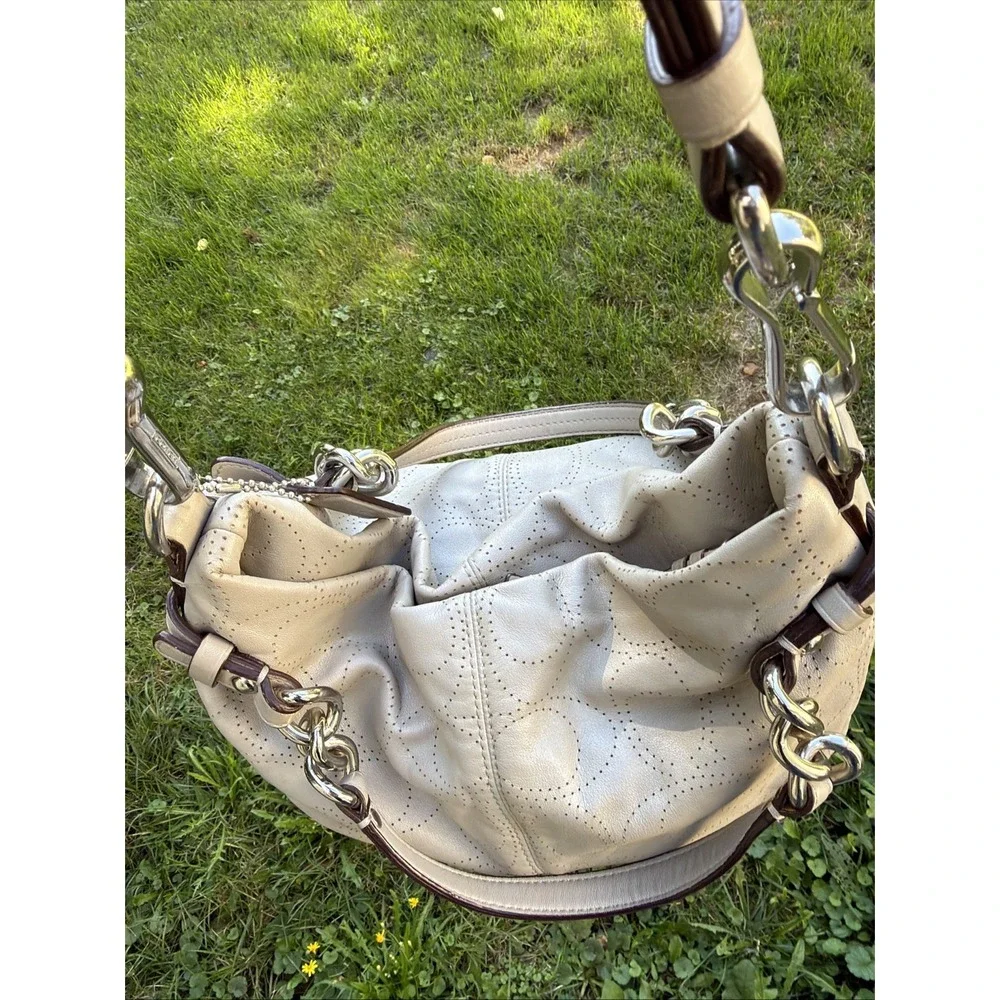 COACH Brooke Dove Gray Leather Perforated Signature Hobo Purse Boho